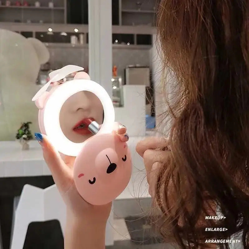 L198 Cartoon Cute Piggy Mini Cosmetic Mirror Compact Portable Pocket Makeup Mirrors Cooling Fan Light Handheld USB Rechargeable