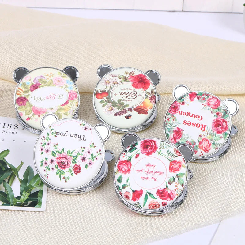CASHOU157 Mini Retro Makeup Mirror panda Makeup Compact Pocket Flower Mirror Portable Double-Sided Folding Cosmetic Mirror