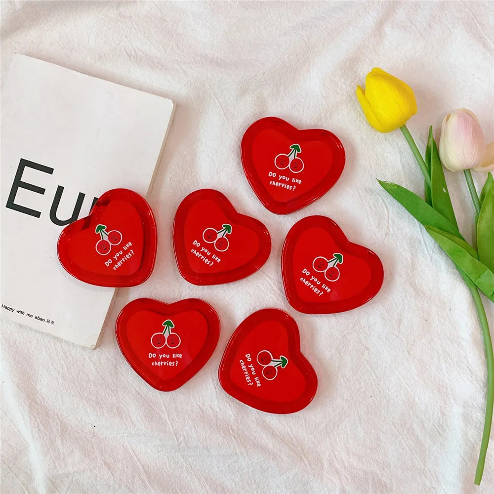 L184  Heart Shaped Cherry Mini Makeup Mirror Compact Pocket Mirror Portable Double-Sided Folding Cosmetic Mirror Women Gifts