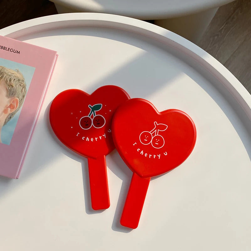 TSHOU1237  Lovely Heart-Shaped Red Handheld Mirror Cartoon Cherry Makeup Mirror With Handle