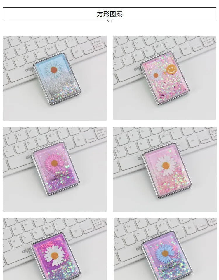 CX682  Double-sided Makeup Mirror Portable Quicksand Sequins Daisy Pattern Cute Girl's Gift Hand Mirror Pocket 2-face Makeup Mirro