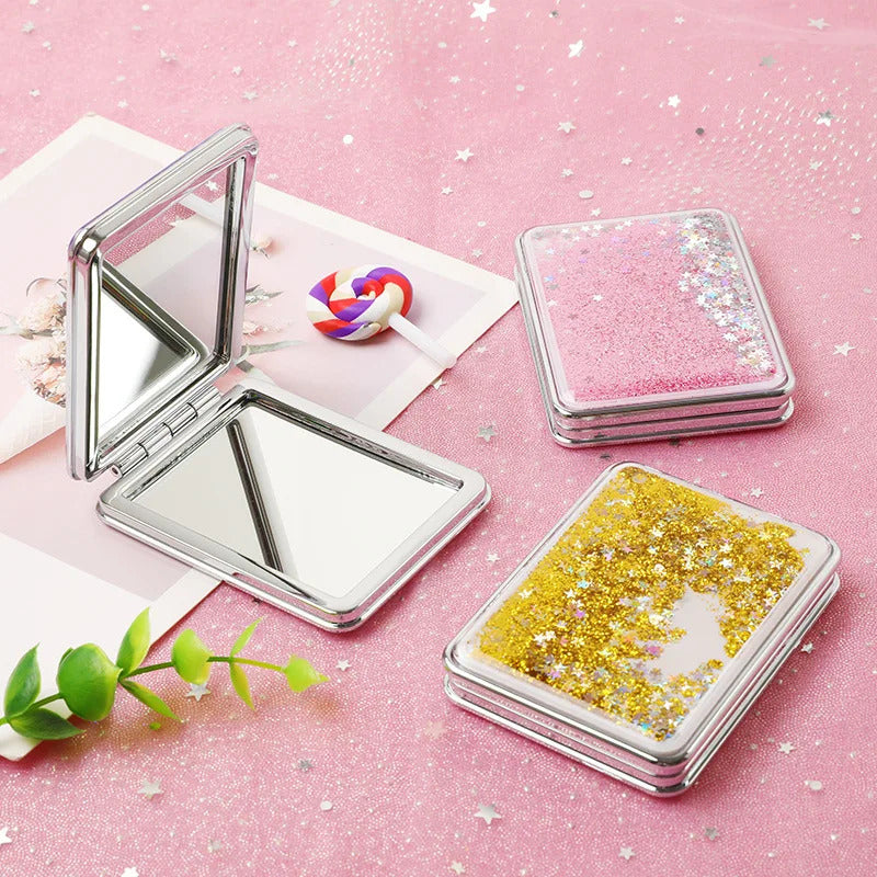 TSHOU1041  Hand Mirror Double-sided Mirror Quicksand Sequins Portable Makeup Mirror Travel Size Creative Design Cute Gift for