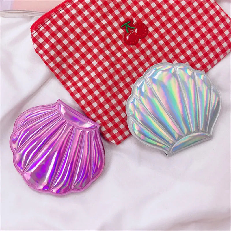 TSHOU569 Shell Shape Makeup Mirror 2X Magnifying Mirror Portable Makeup Vanity Foldable Laser Pocket Mirror