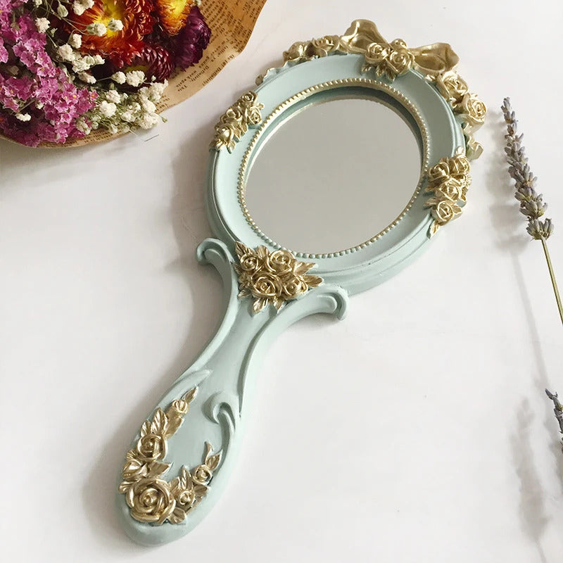 DSHOU317 European Palace Style Vintage Handheld Roses Mirror Princess Women Girls Oval Vanity Makeup Cosmetic Tool