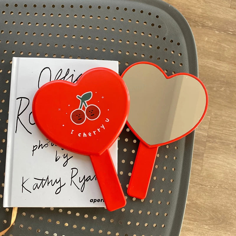 CX439 Lovely Heart-Shaped Red Handheld Mirror Cartoon Cherry Makeup Mirror With Handle