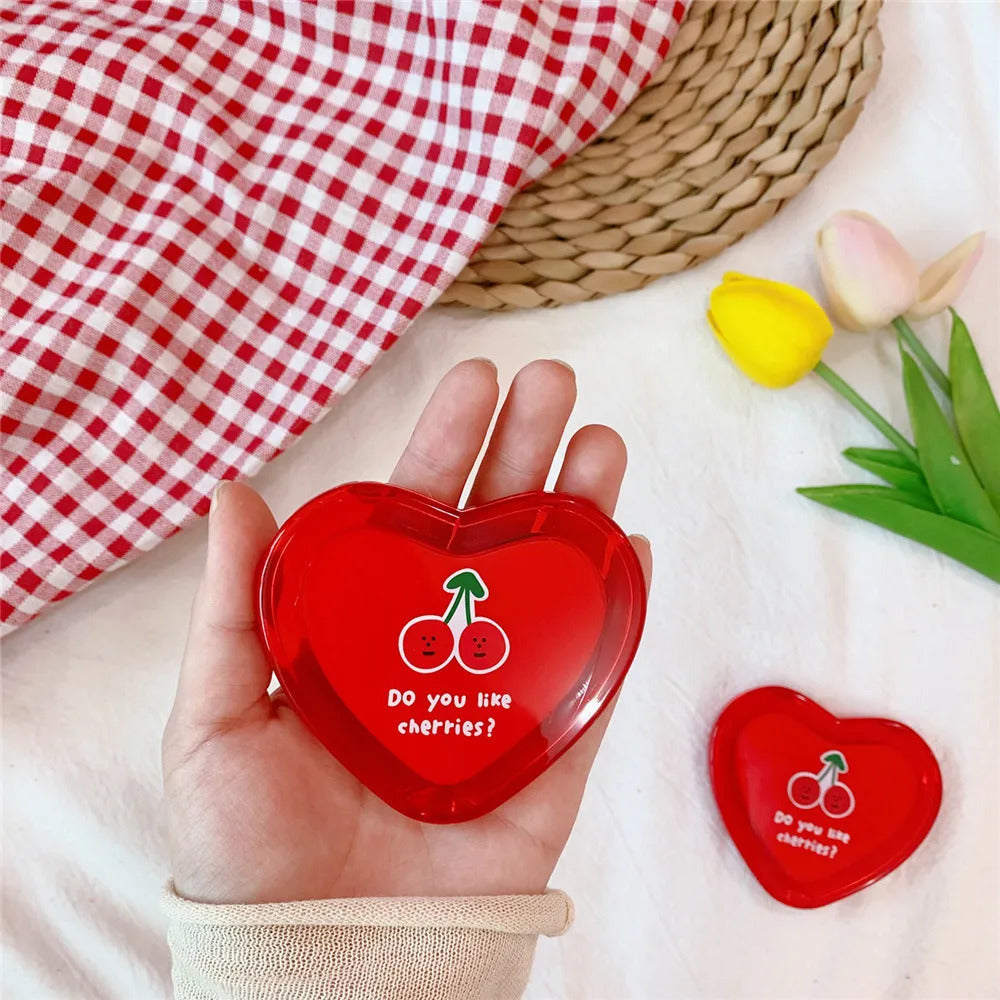 SET68 Heart Shaped Cherry Mini Makeup Mirror Compact Pocket Mirror Portable Double-Sided Folding Cosmetic Mirror Women Gifts