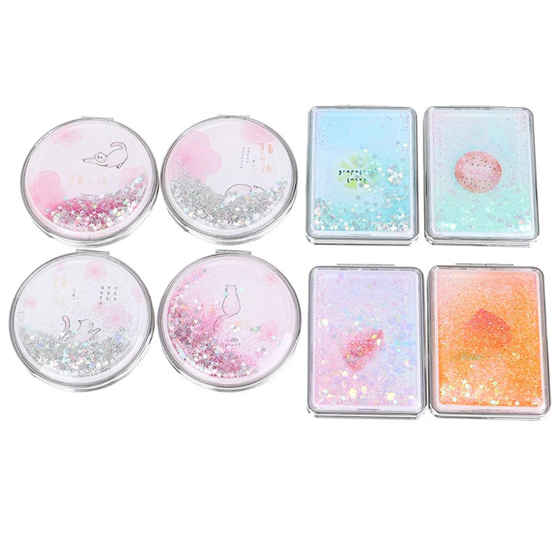 TSHOU921 Double-Sided Folding Cosmetic Mirror Mini Makeup Mirror Compact Pocket Mirror Female Gifts With Flowing Sparkling Sand