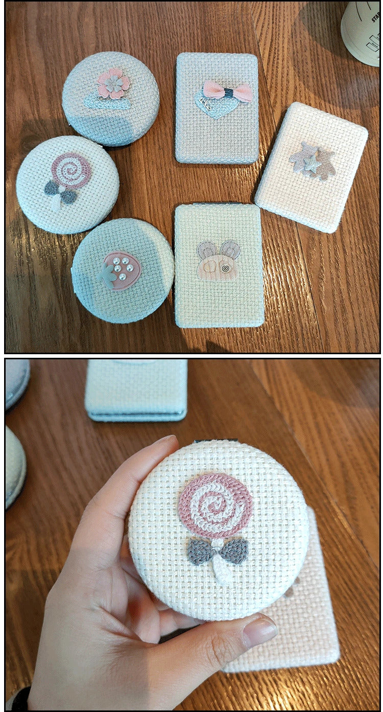 TSHOU874 Double-sided Mirror Makeup Magnifying Handmade Fabric Art DIY Hairy Random Pattern Portable Pocket Mirror