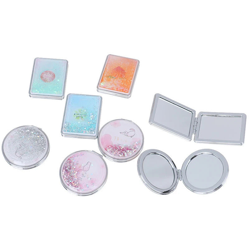 TSHOU921 Double-Sided Folding Cosmetic Mirror Mini Makeup Mirror Compact Pocket Mirror Female Gifts With Flowing Sparkling Sand