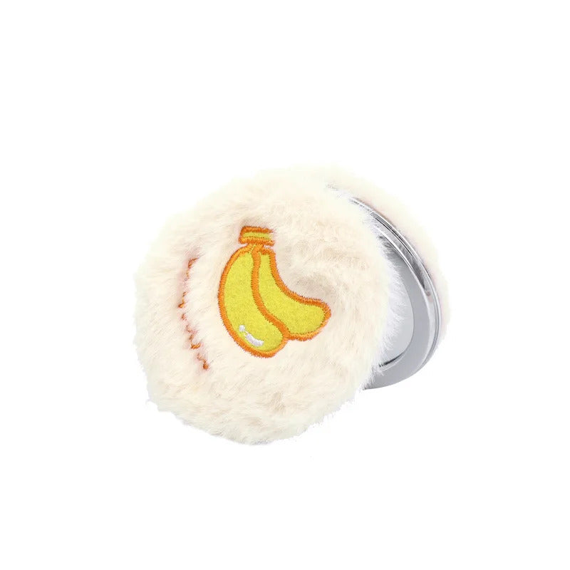 L251 Women Girls Plush Mini Round Folding Pocket Mirror Cartoon Fruit Animal Embroidery Portable Double Sided Magnifying