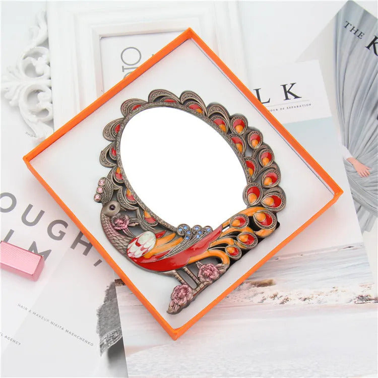 CASHOU21 Standing Mirror for Bedroom Folding Desktop Makeup Mirror Retro Euporen 3D Peacock Pattern Princess Mirror with Storage