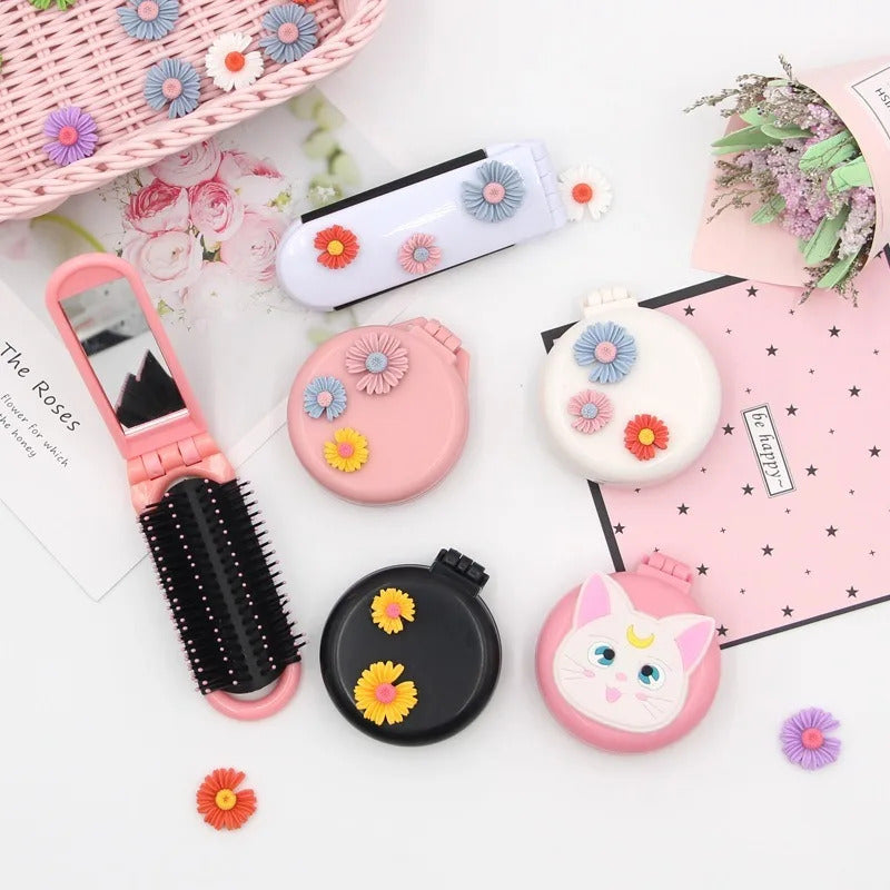 CX429 Mini Pocket Mirror Portable Pocket Small Travel Girl Hair Brush with Mirror Styling Tools Cute Massage Folding Mirror