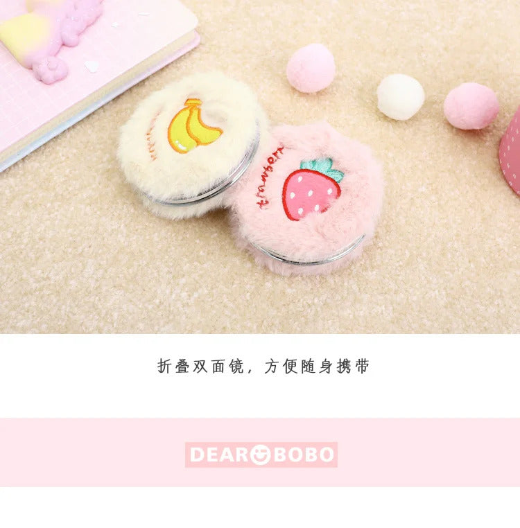 TSHOU865 Pocket Mirror Cartoon Fruit Animal Women Girls Plush Mini Round Folding Embroidery Random Color Portable Double SidE