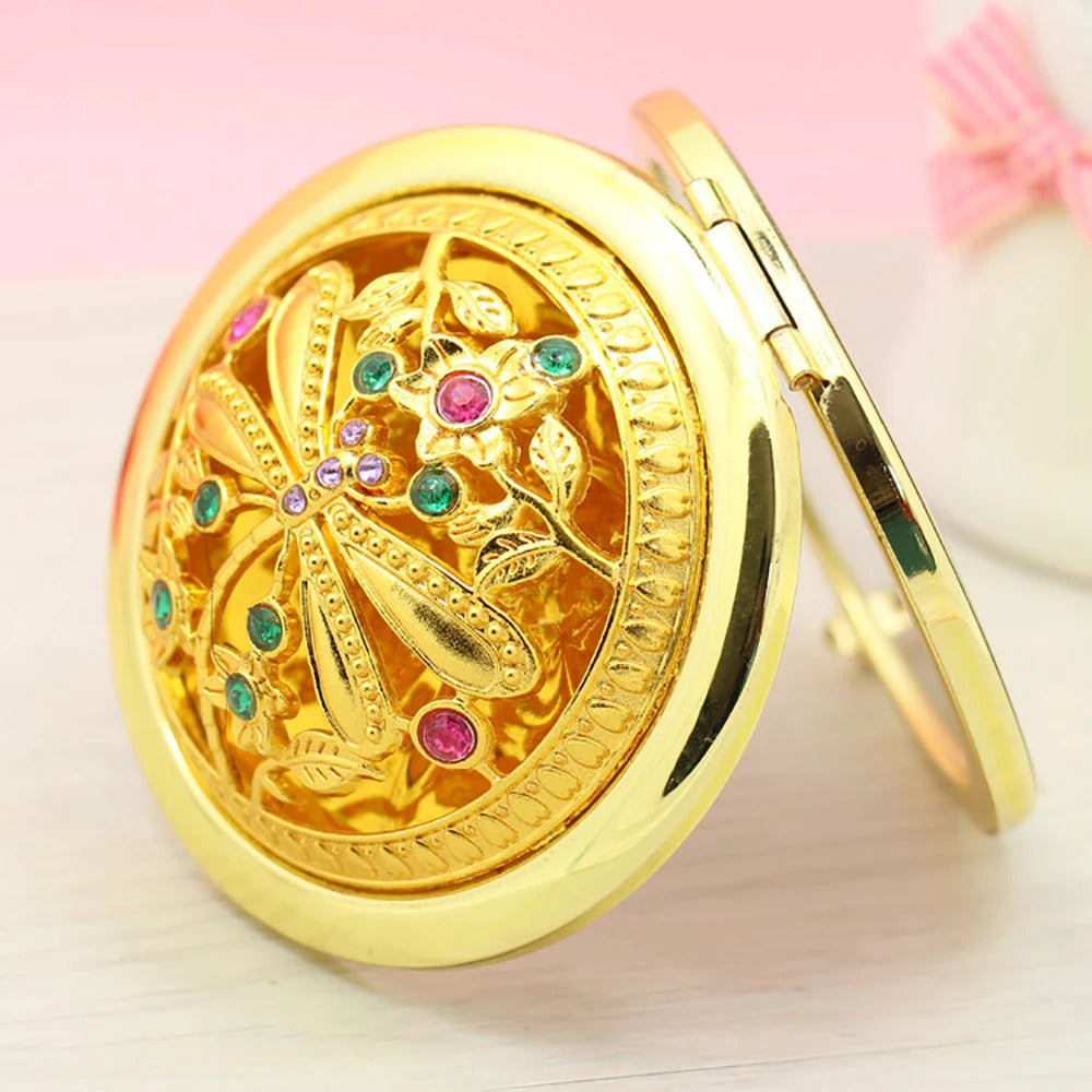 TSHOU967 Foldab Metal Bronze Makeup Mirror Hollow out round  Pocket Mirror Portable Double Sided Retro Style Mirror Makeup Tools