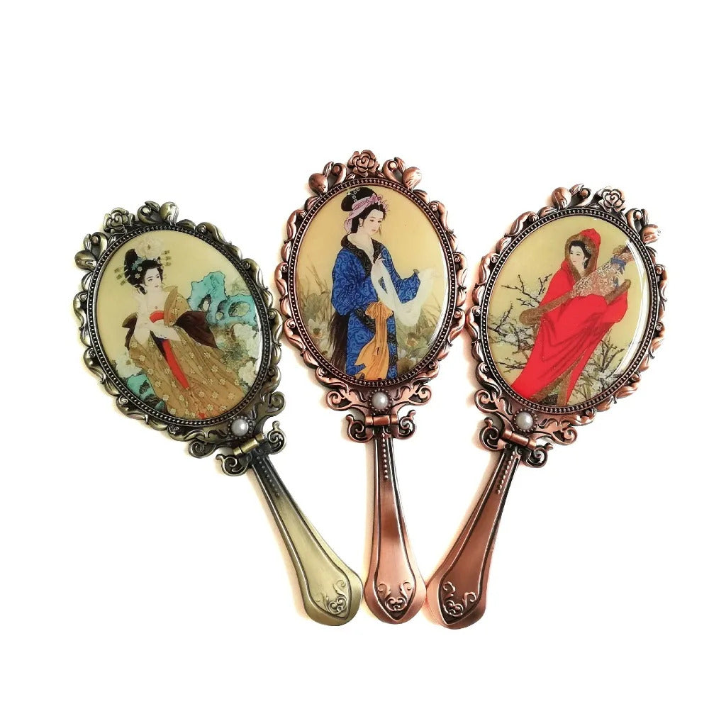 CX176 Foldable Desktop Princess Mirror Chinese Tang Dynasty Character Comb Suit Retro Portable Makeup Mirror Handle Mirror