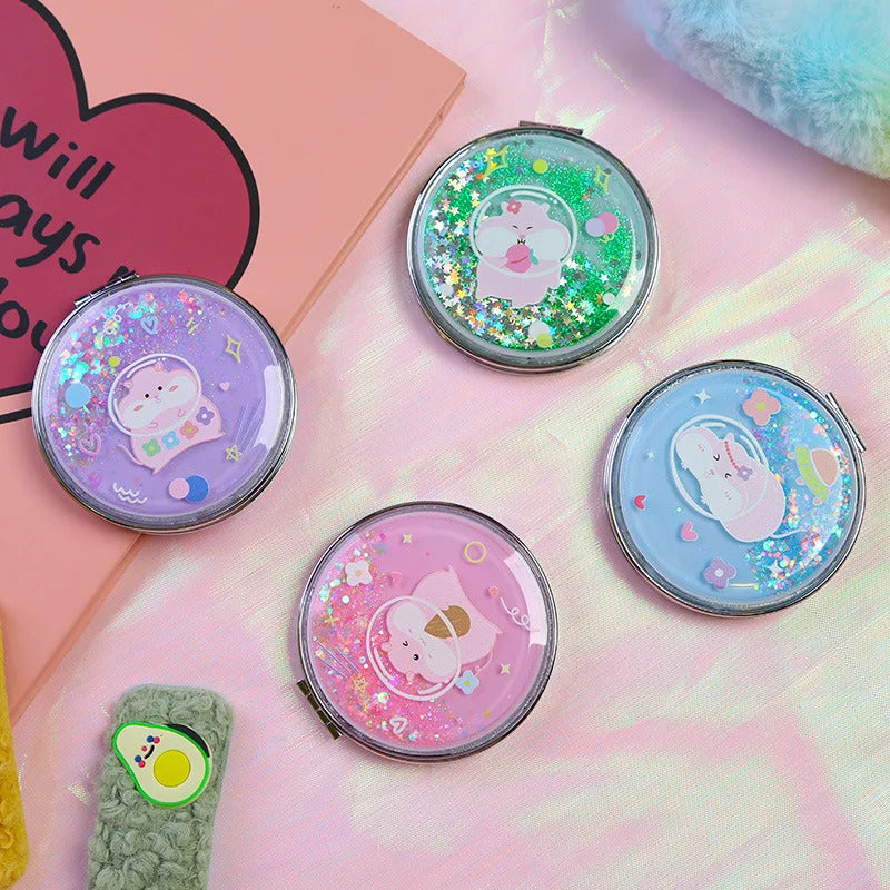 CX305 Portable Double-Sided Folding Cosmetic Mirror Girl Gift Flowing Sparkling Sand Mini Avocado Makeup Mirror Compact