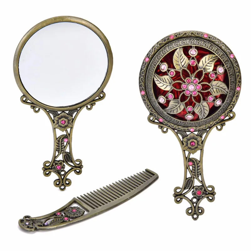 L246 Classic Chic Retro Vintage Pocket Mirror Compact Makeup Mirrors Comb Set Hand Make Up Bronze Hollowed-Out