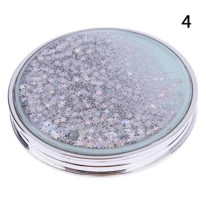 CX415 Compact Pocket Portable Double Sided Folding Cosmetic Mirror Mini Make-Up Mirror With Sparkling Flowing Sand