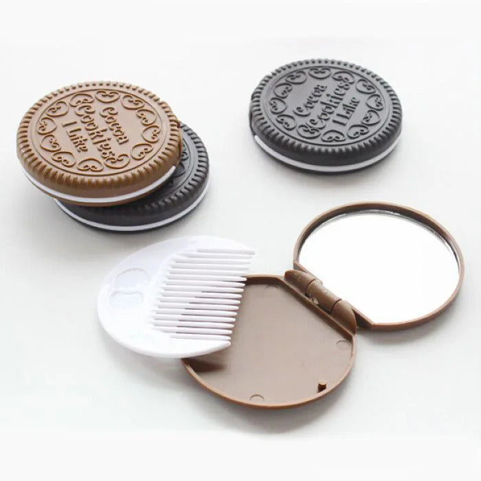 SET05 Mirror with Comb Set Chocolate Chip Cookie Shape Creative Design Mini Pocket Mirror with Comb Portable Travel Makeup Mirror