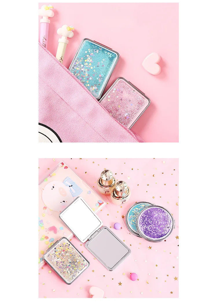 CASHOU158 Double-Sided Folding Cosmetic Mirror Female Gifts With Flowing Sparkling Sand Mini Makeup Mirror Compact Mirrors