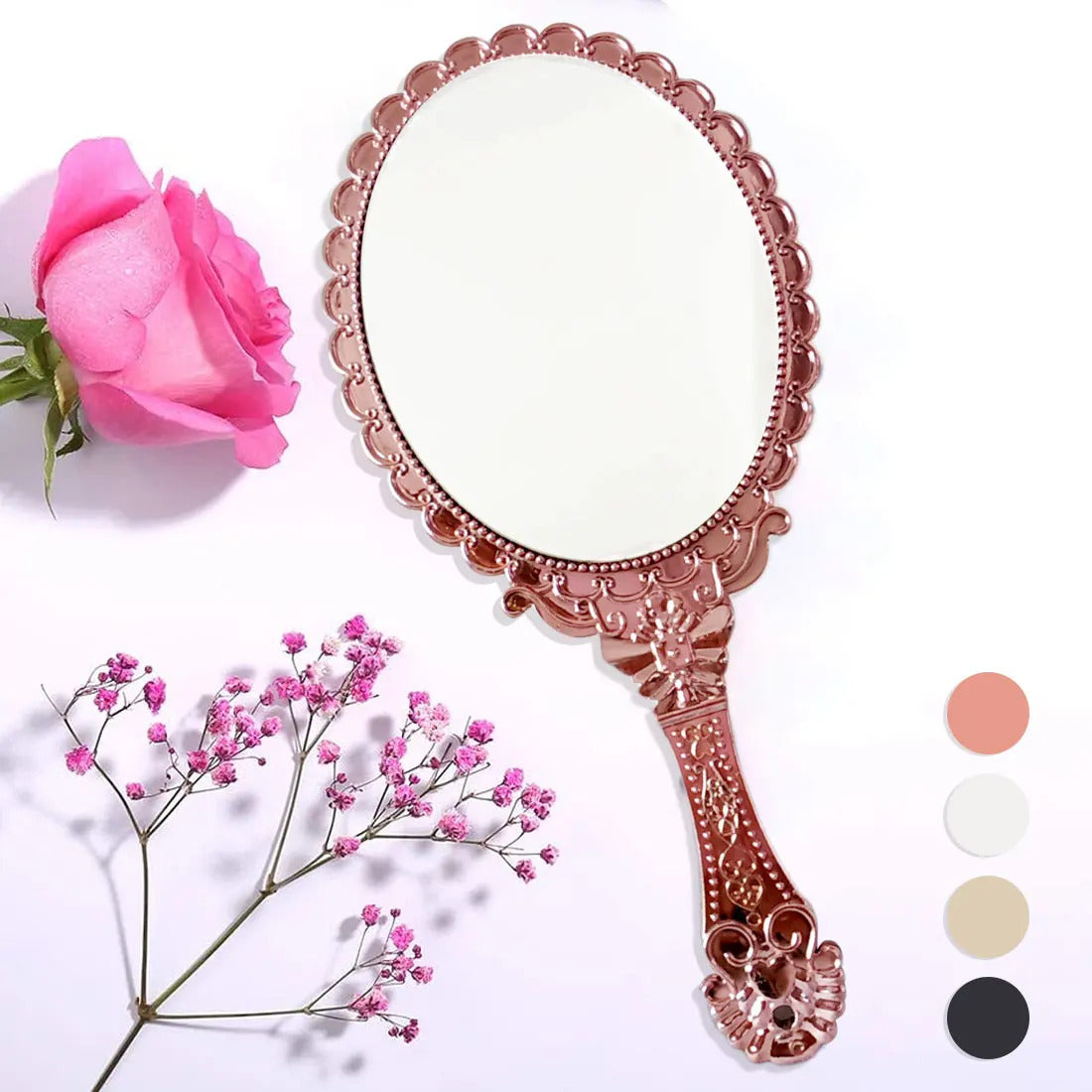 cshou389  hot European Style Vintage Handheld Roses Mirror Princess Women Girls Oval Vanity Makeup Cosmetic Tool with Anti-Slip