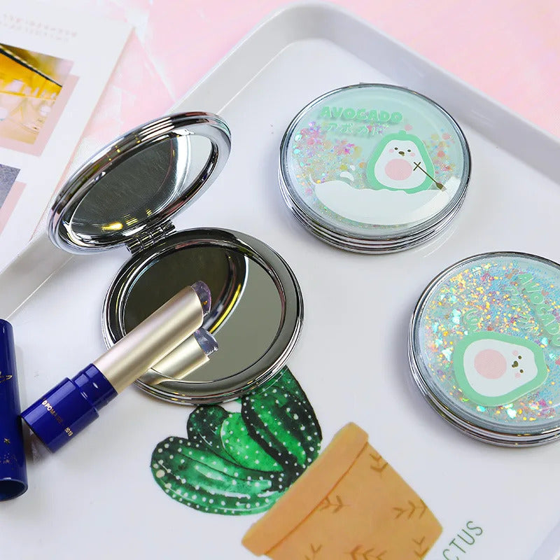 TSHOU656 Portable Double-Sided Folding Cosmetic Mirror Girl Gift Flowing Sparkling Sand Mini Avocado Makeup Mirror