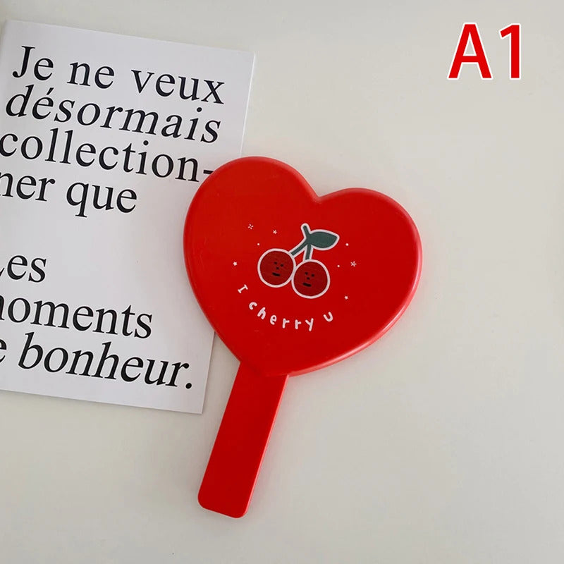 TSHOU1237  Lovely Heart-Shaped Red Handheld Mirror Cartoon Cherry Makeup Mirror With Handle