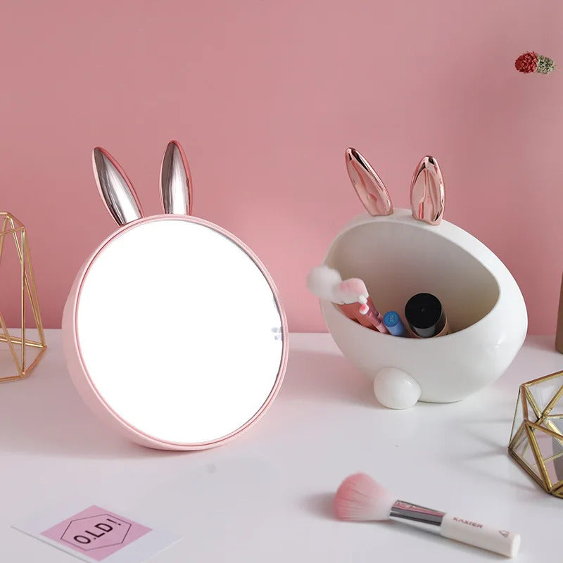 L107 Round Makeup Mirror with Cosmetic Storage Box Creativity Cute Rabbit Ear Design Make Up Standing Mirror with Brush Barrels