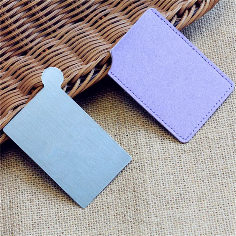 L479 Portable Mini Shatter Proof Card Style Pocket Cosmetic Mirror PU Leather Cover Stainless Steel Unbreakable Makeup