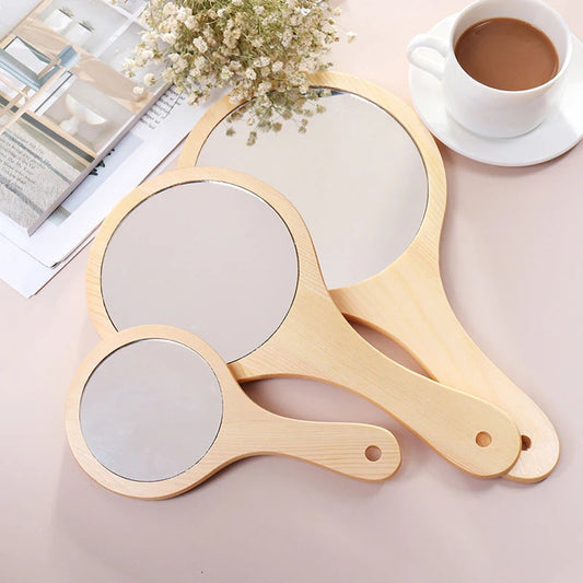 TSHOU736 Portable Hand Make Round Wood Vintage Hand Mirror Make Up Mirrors With Handle For Women 3 Size Option