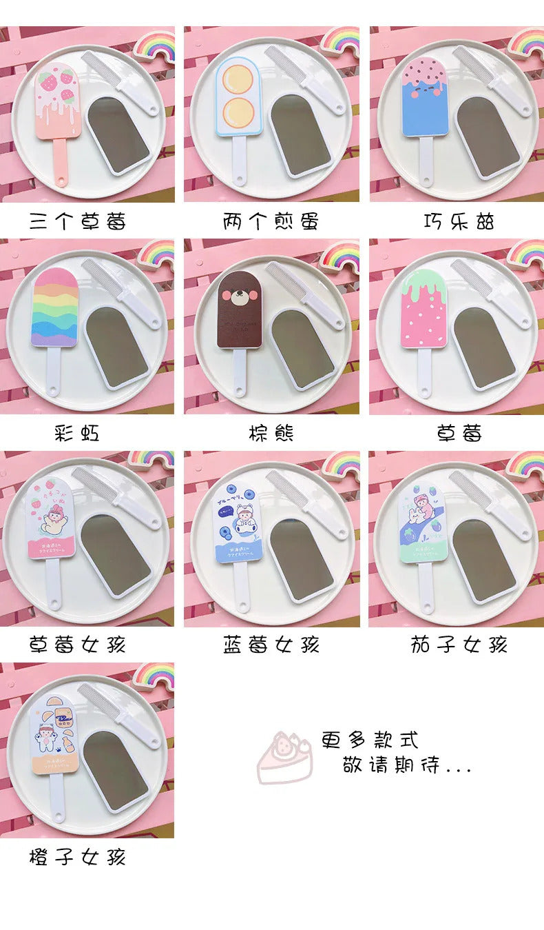 L661 Cartoon Makeup Handle Mirror with Comb Creative Design Comb Mirror Set with Handle Cute Mirror Portable Children Gifts Trave