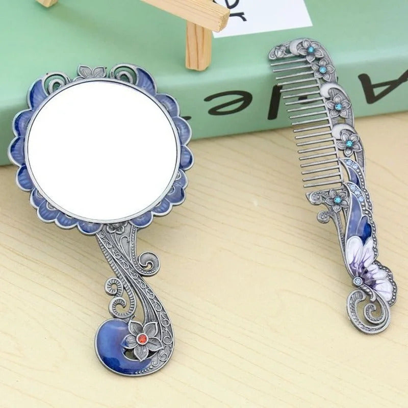 CSHOU380  Handle Mirror Comb Retro Euporen 3D Butterfly Pattern Portable Makeup Mirror Comb Set Princess Mirror
