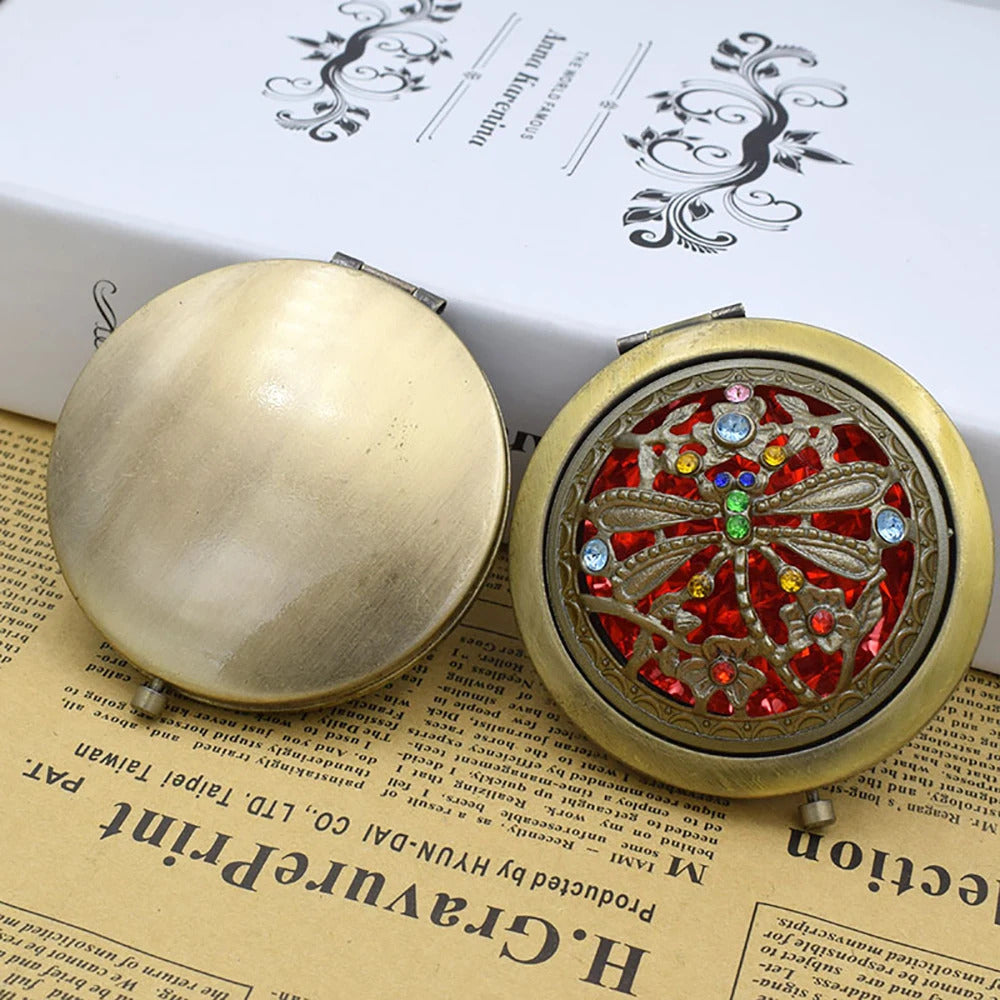 TSHOU967 Foldab Metal Bronze Makeup Mirror Hollow out round  Pocket Mirror Portable Double Sided Retro Style Mirror Makeup Tools