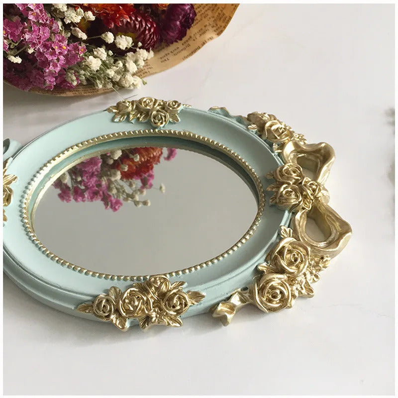 CASHOU241 European Palace Style Vintage Handheld Roses Mirror Princess Women Girls Oval Vanity Makeup Cosmetic Tool