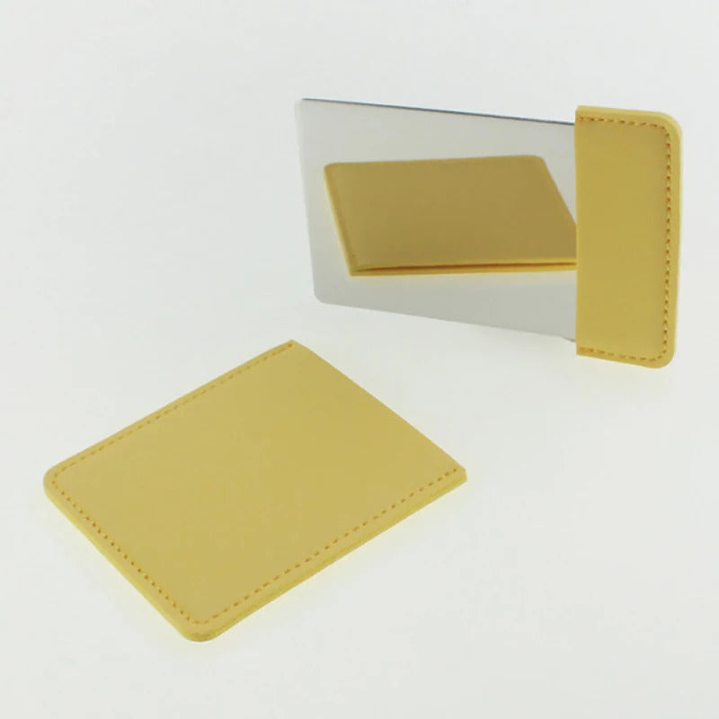 L665 Ultra-thin Cosmetic Mirror Stainless Steel Shatter-Proof Portable PU Leather Sleeve Pocket Card Mirror Makeup