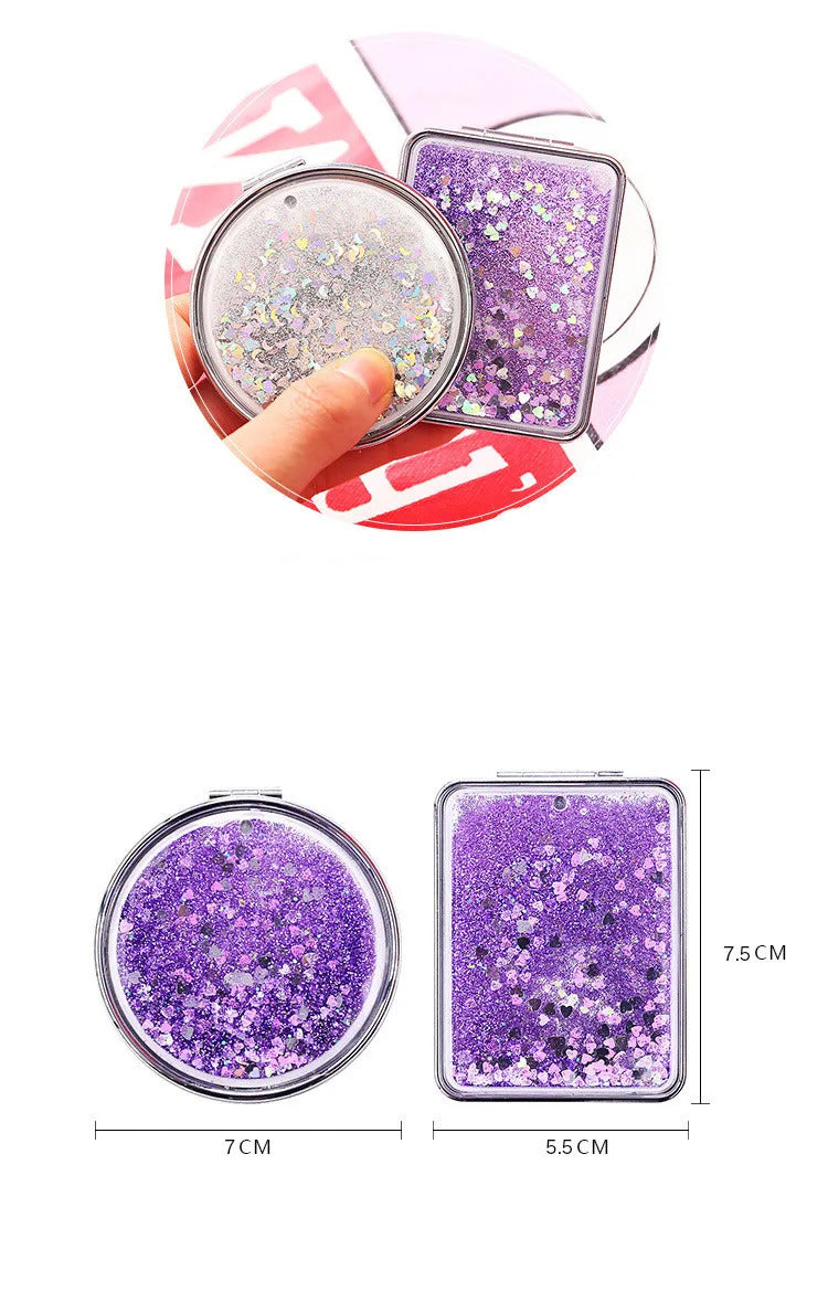 CX125 Portable Double-Sided Folding Cosmetic Mirror Female Gifts With Flowing Sparkling Sand Mini Makeup Mirror Compact