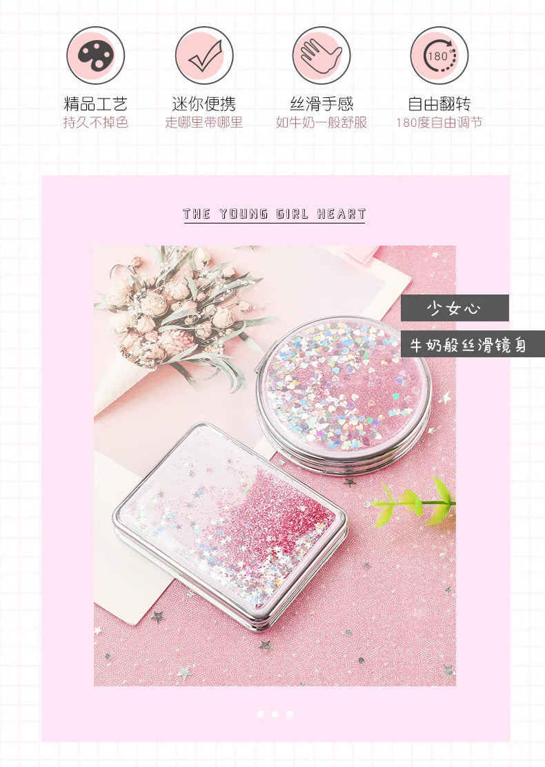 TSHOU1041  Hand Mirror Double-sided Mirror Quicksand Sequins Portable Makeup Mirror Travel Size Creative Design Cute Gift for