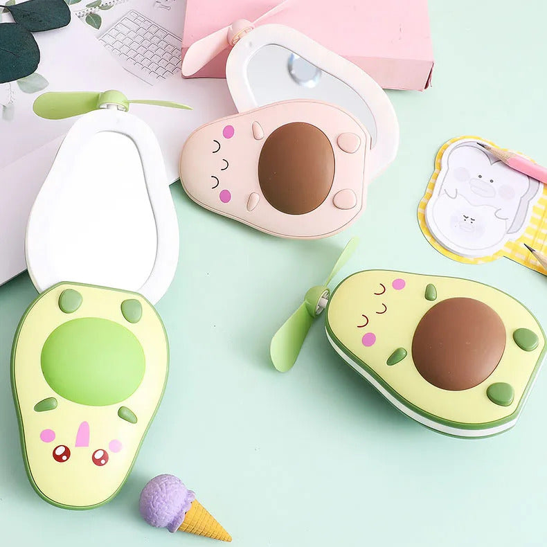 CASHOU62 Avocado Shape Makeup Mirror Portable Three Way Fill Light Make-up Mirror Handheld Mini Air Cooler Fan