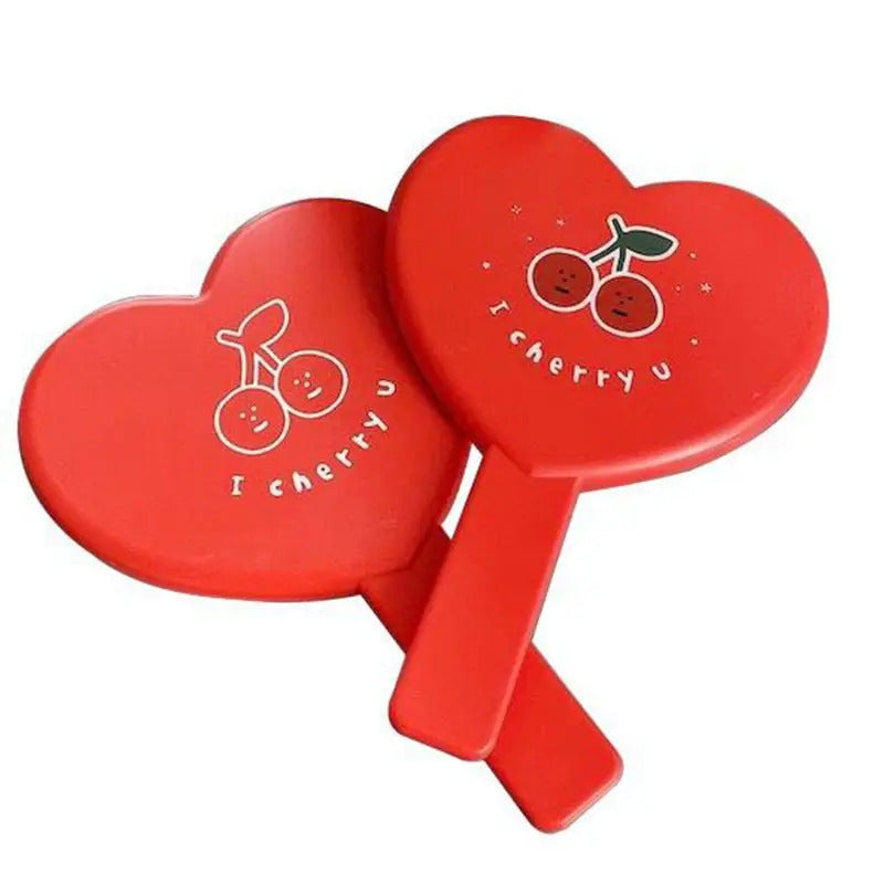 DSHOU313 Lovely Vintage Heart-Shaped Red Handheld Mirror Cartoon Cherry Printed Compact Travel Cosmetic Makeup Tool with Handle