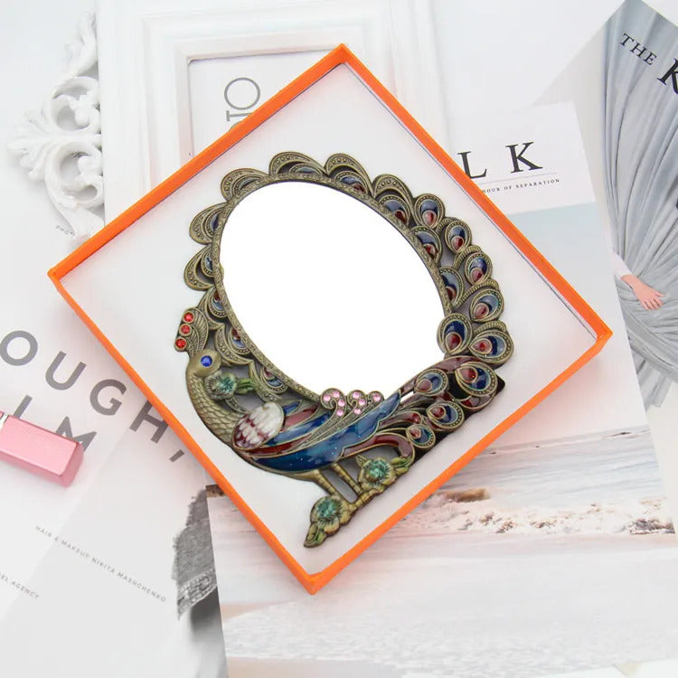 CASHOU21 Standing Mirror for Bedroom Folding Desktop Makeup Mirror Retro Euporen 3D Peacock Pattern Princess Mirror with Storage