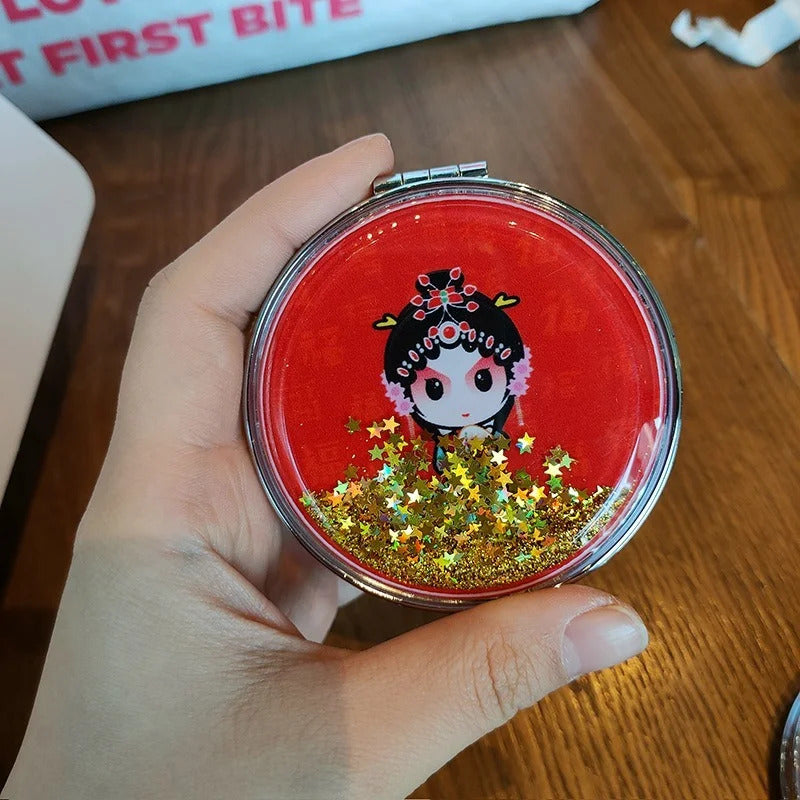 L80 Makeup Mirror Magnifying Quicksand Sequin Chinese Opera Doll Cartoon Pattern Portable Pocket Mirror Travel Creative Gifts