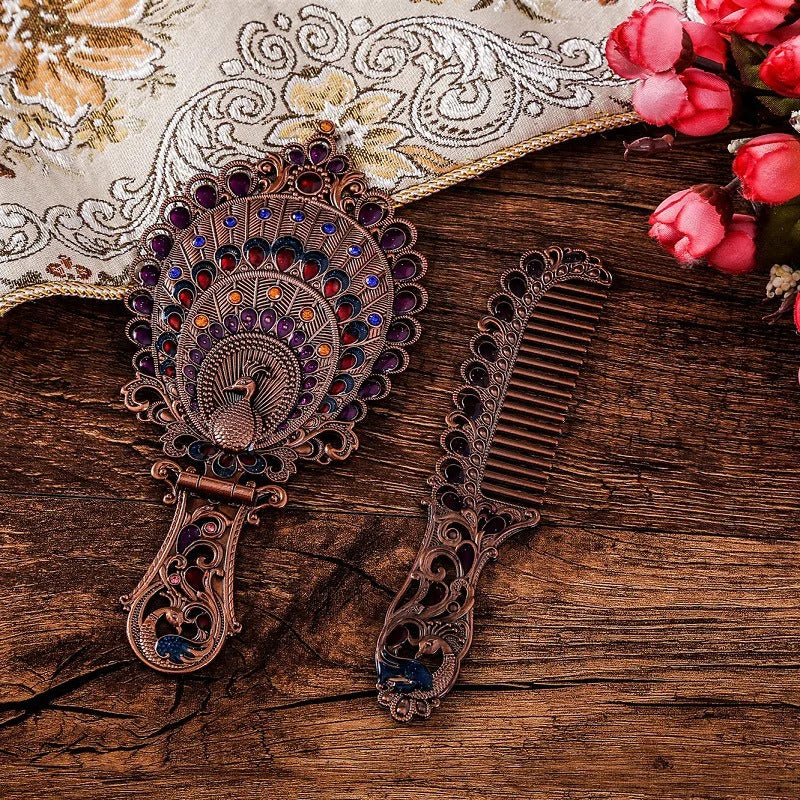 L327 Handle Mirror Comb Retro Euporen 3D Foldable Desktop Princess Mirro with Storage Gift Box Portable Standing Makeup Mirr