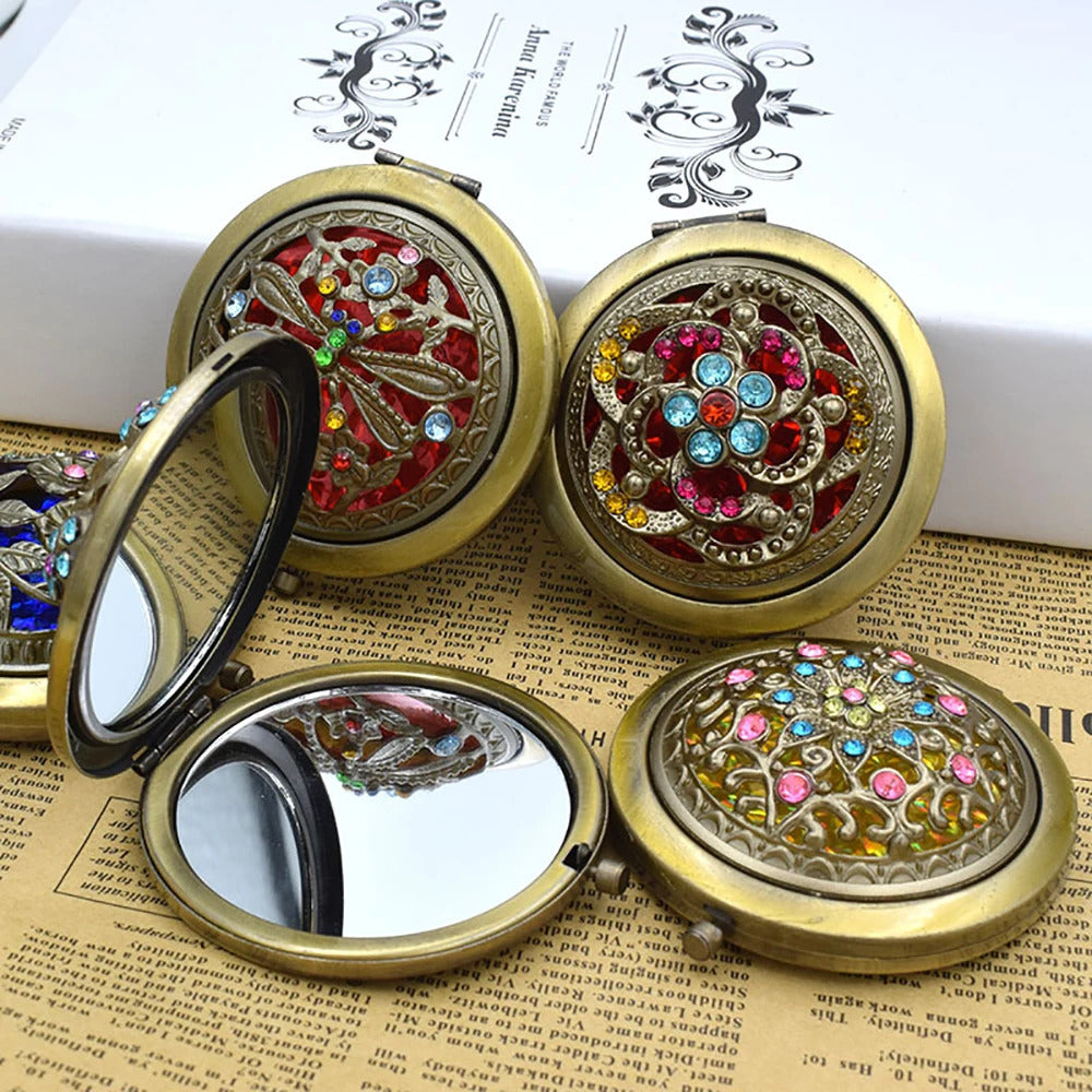 TSHOU967 Foldab Metal Bronze Makeup Mirror Hollow out round  Pocket Mirror Portable Double Sided Retro Style Mirror Makeup Tools