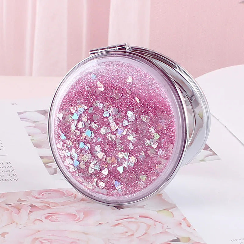 TSHOU543 Portable Double-Sided Folding Cosmetic Mirror Female Gifts With Flowing Sparkling Sand Mini Makeup Mirror Compact