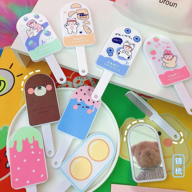 CX29 Makeup Handle Mirror with Comb Cartoon Creative Design Comb Mirror Handle Children Gifts Travel Cute Mirror Portable