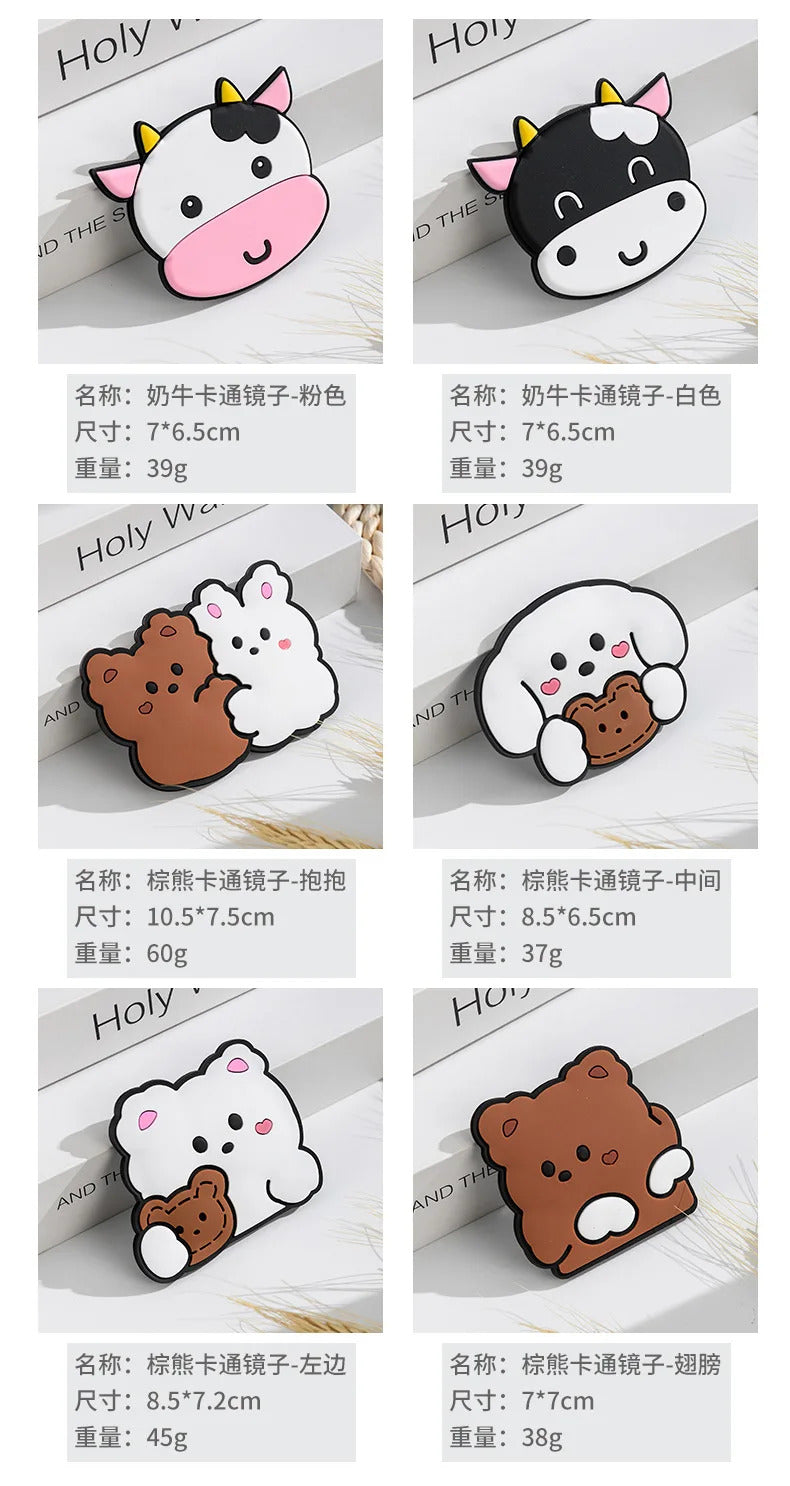 DSHOU183 Portable Cute Mini Mirror Cartoon Little Rabbit Bear Pattern Gift for Little Girls Silicone Purse Mirror