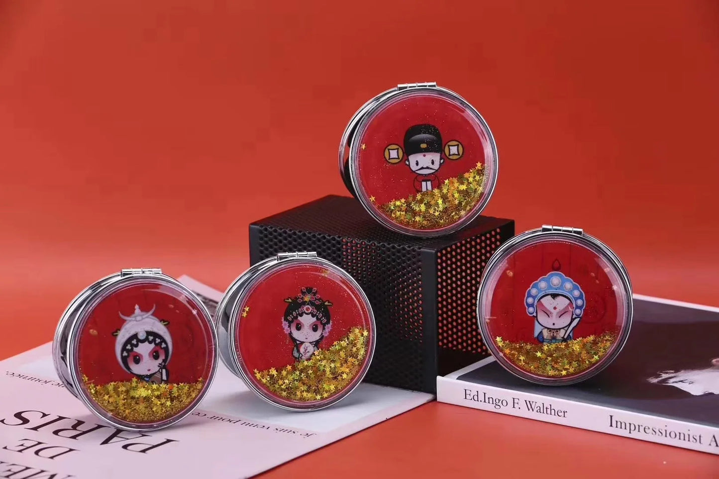 DA15  Makeup Mirror Magnifying Quicksand Sequin Chinese Opera Doll Cartoon Pattern Portable Pocket Mirror Travel Creative Gifts