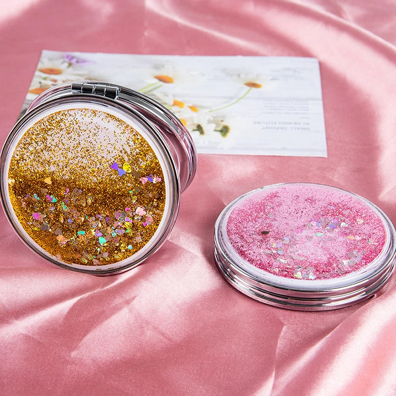 L135 Portable Double-Sided Folding With Flowing Sparkling Sand Mini Makeup Mirrors 1 Pcs