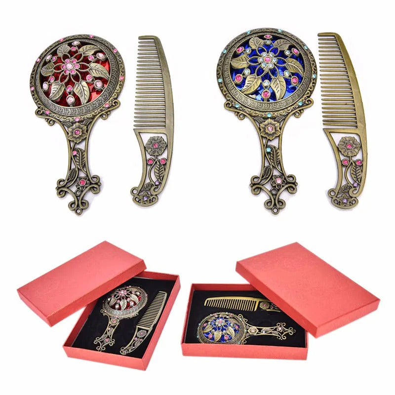 TSHOU990 Women Chic Retro Vintage pocket Mirror Compact Makeup Mirrors Comb Set Hand Make Up Bronze Hollowed-Out Make Up