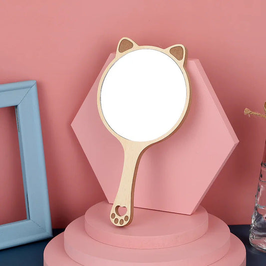 TSHOU549 Hand Mirrors Wood Creative Design Makeup Handheld Cosmetic Mirror with Handle Makeup Mirror Cute Cat Ear Mirror